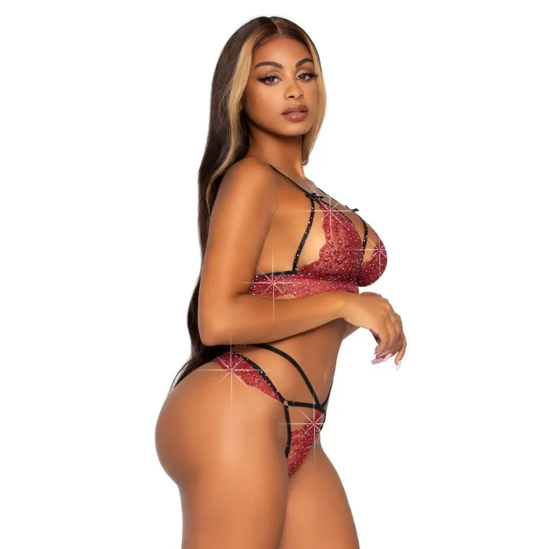 2 Pc Rhinestone Lace Bralette and G-String Set -  Large - Burgundy