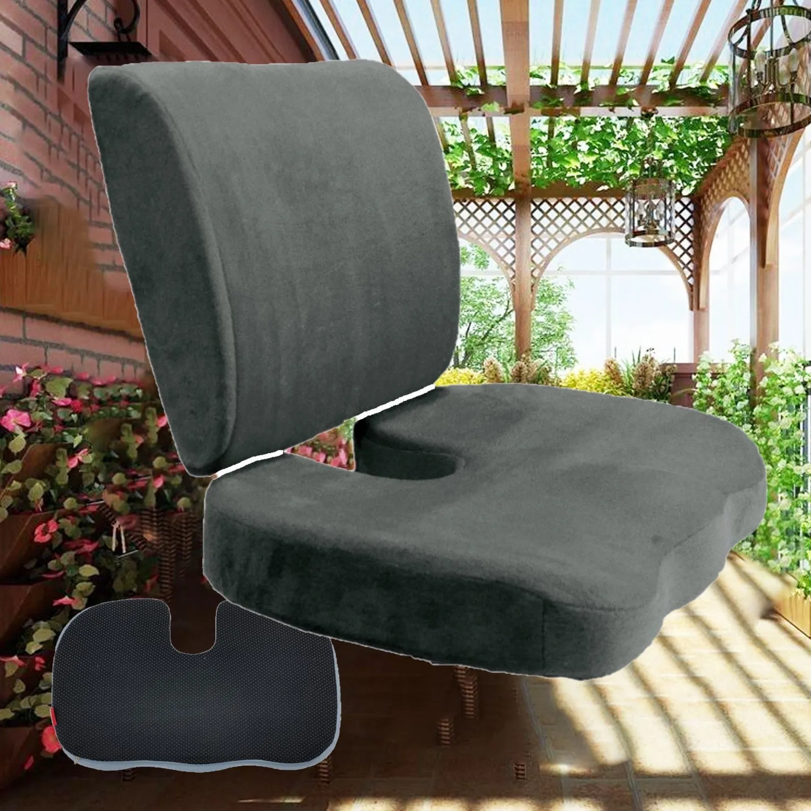 2PC SET - Non Slip High Resilience Memory Foam Coccyx Seat Pad   Lumbar Cushion