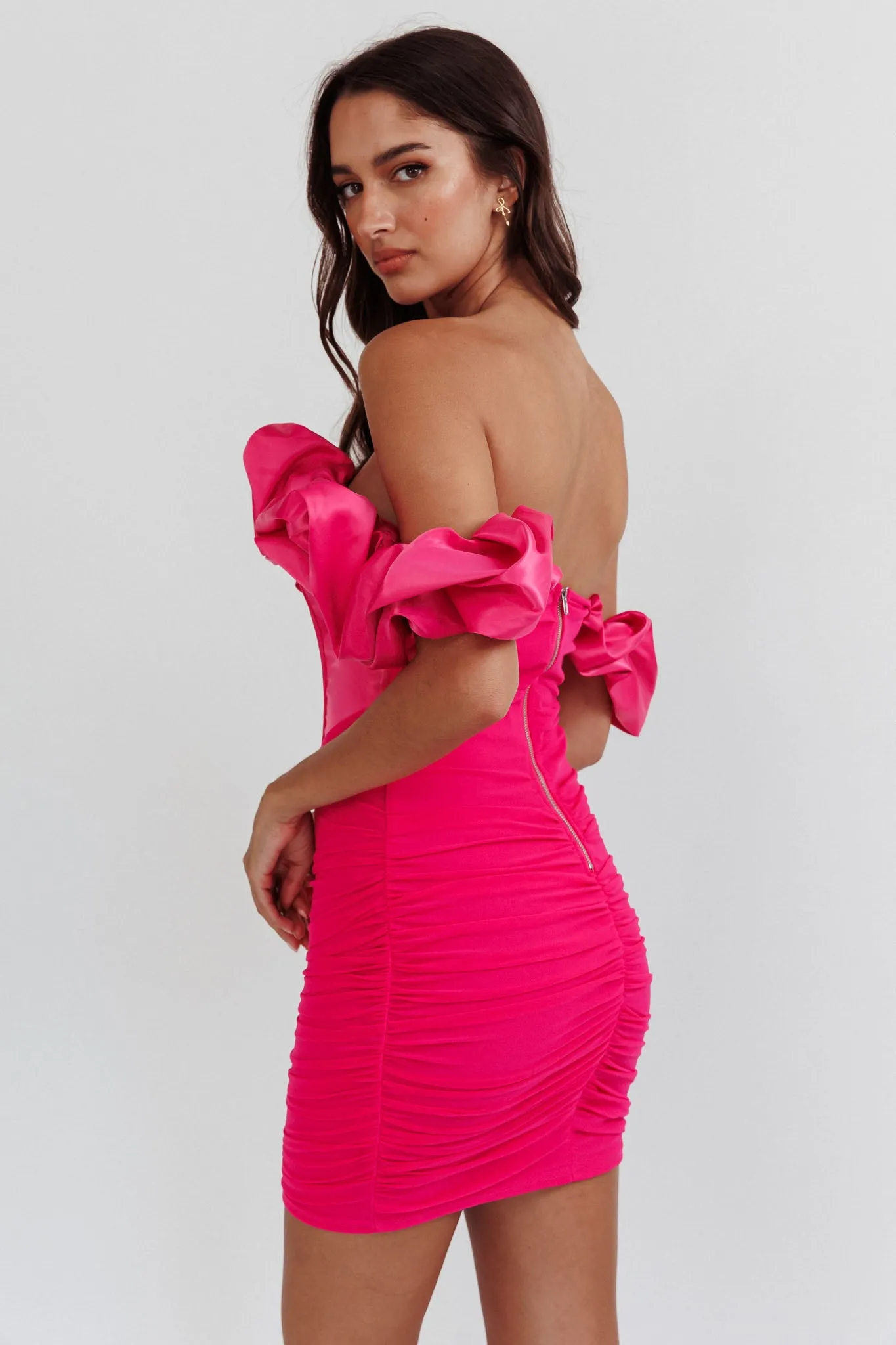 Arista Off-Shoulder Ruched Mini Dress Hot Pink