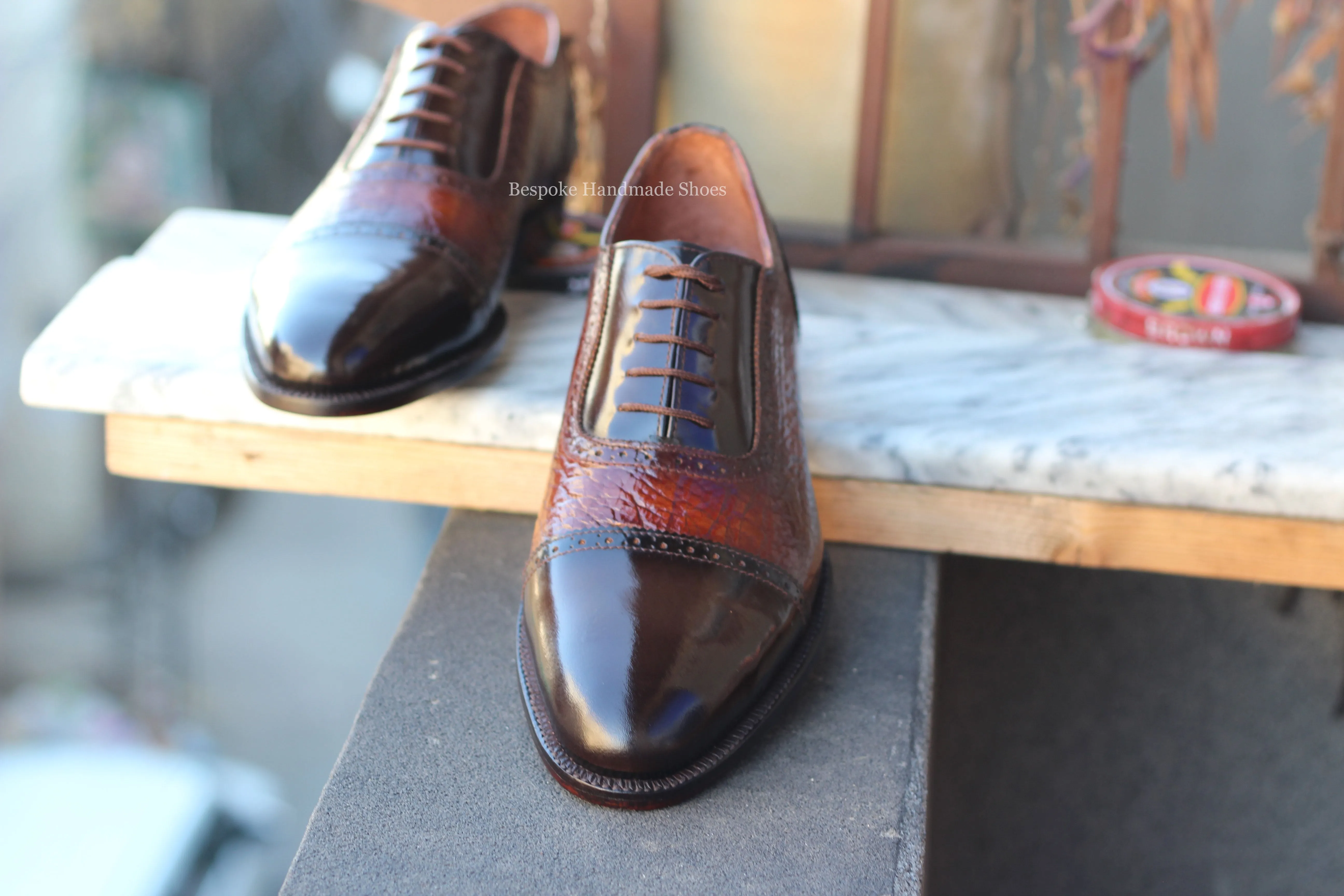 Bespoke Men's Handmade Chocolate Brown Leather Oxford Toe-Cap Lace-Up Dress Shoes
