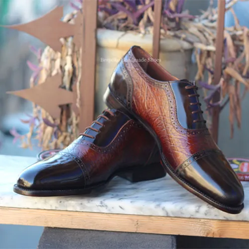 Bespoke Men's Handmade Chocolate Brown Leather Oxford Toe-Cap Lace-Up Dress Shoes