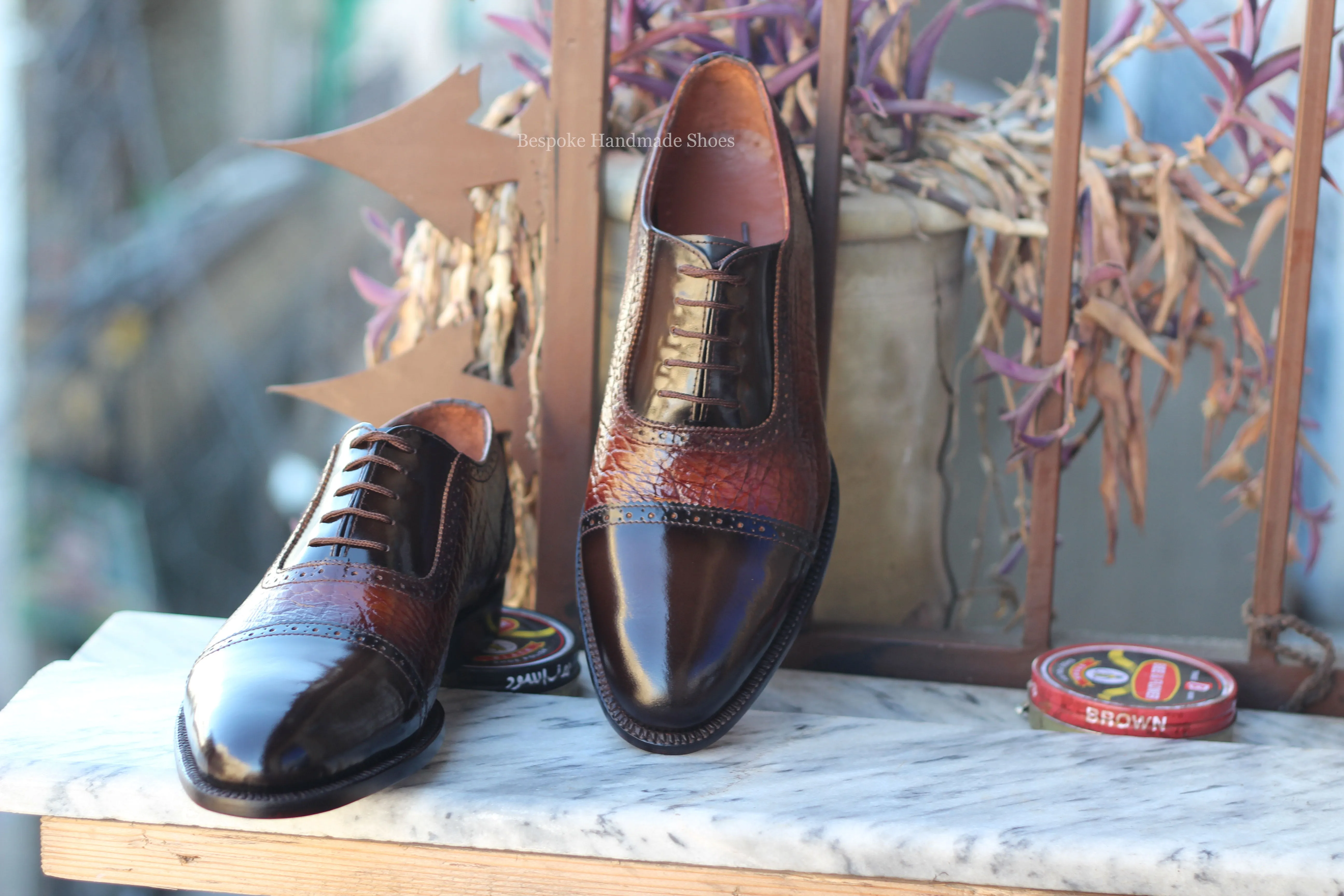 Bespoke Men's Handmade Chocolate Brown Leather Oxford Toe-Cap Lace-Up Dress Shoes