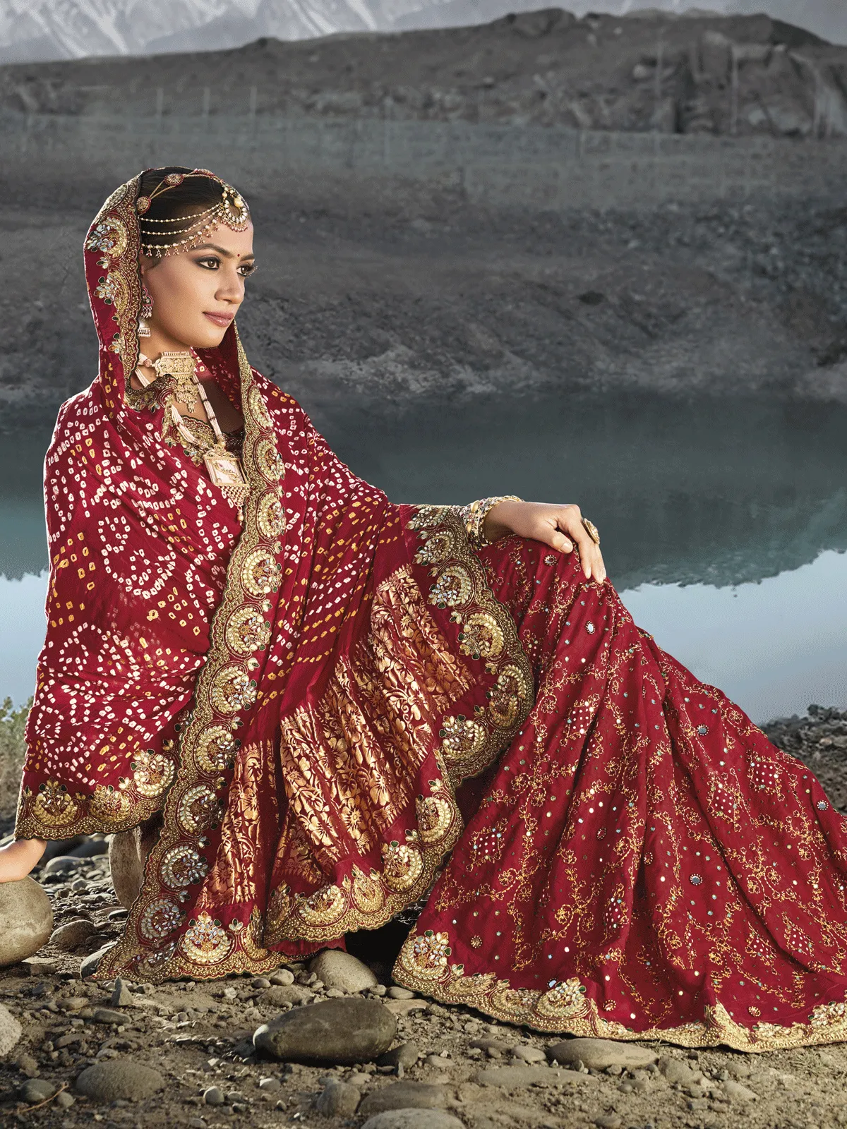 Bridal Red Multi Embroidery Bhandhej Satin Silk Saree
