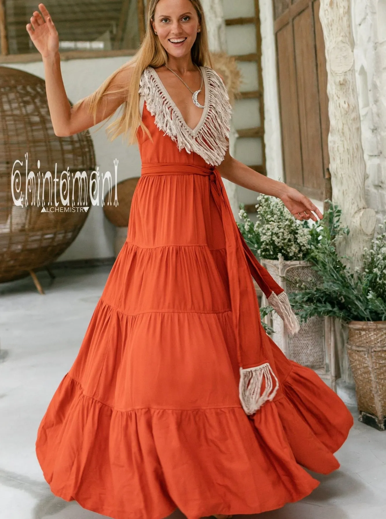 Cotton Maxi Tiered Dress with Fringes / Red Ochre