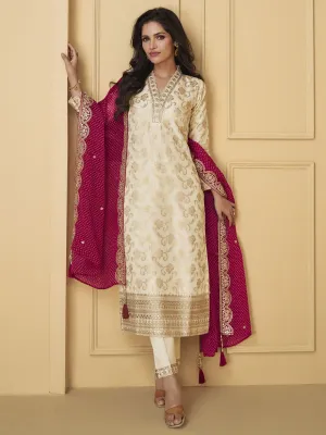 Cream And Red Traditional Embroidery Silk Salwar Kameez Suit