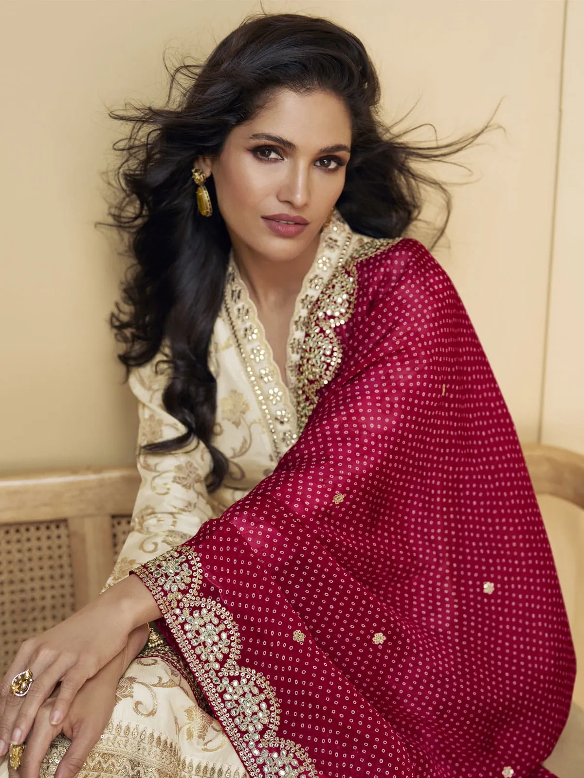 Cream And Red Traditional Embroidery Silk Salwar Kameez Suit