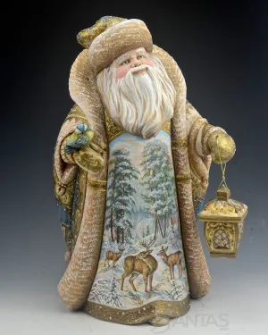 Elegant Gold Russian Santa with Winter Deer Scene