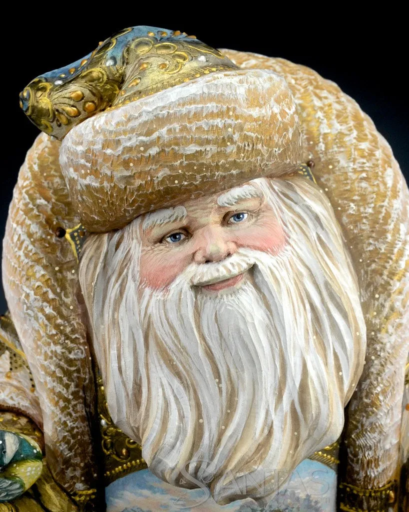 Elegant Gold Russian Santa with Winter Deer Scene