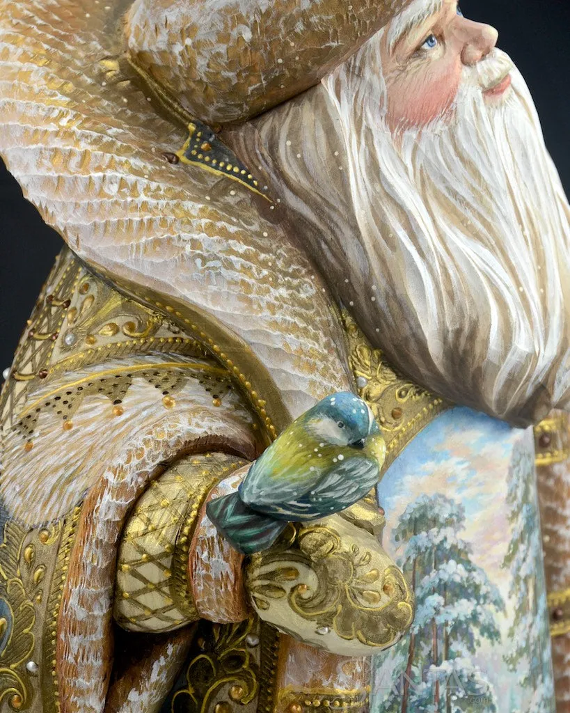 Elegant Gold Russian Santa with Winter Deer Scene