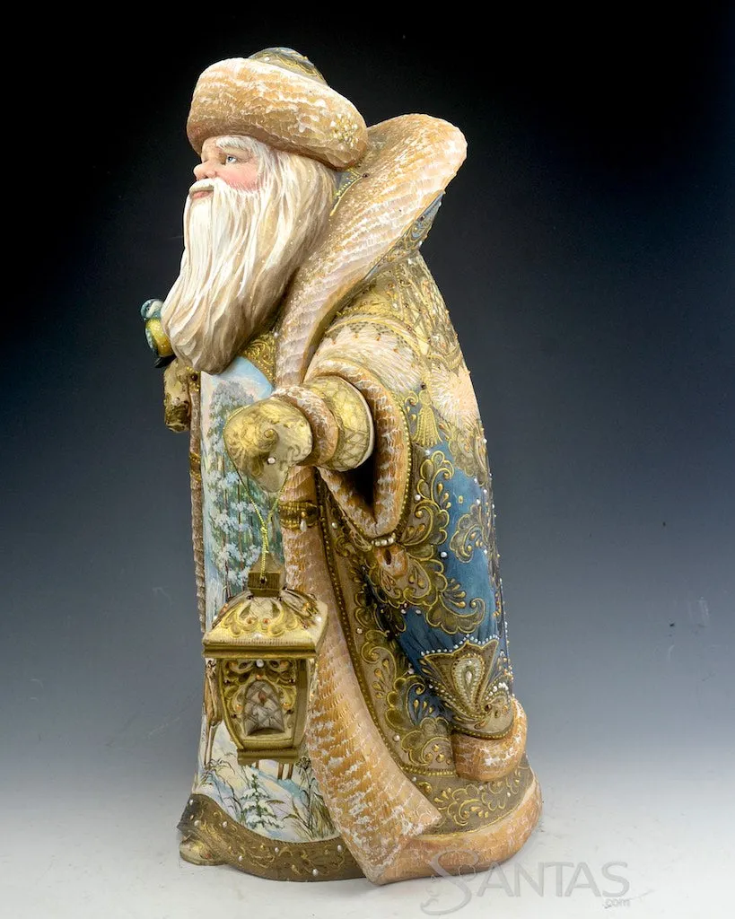 Elegant Gold Russian Santa with Winter Deer Scene