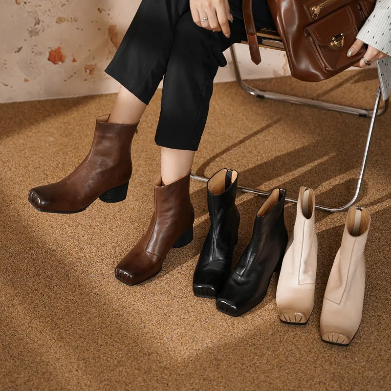 French-Style Square-Toe Chelsea Ankle Boots for Women with Chunky Heels