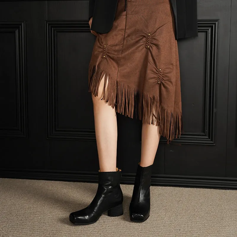 French-Style Square-Toe Chelsea Ankle Boots for Women with Chunky Heels
