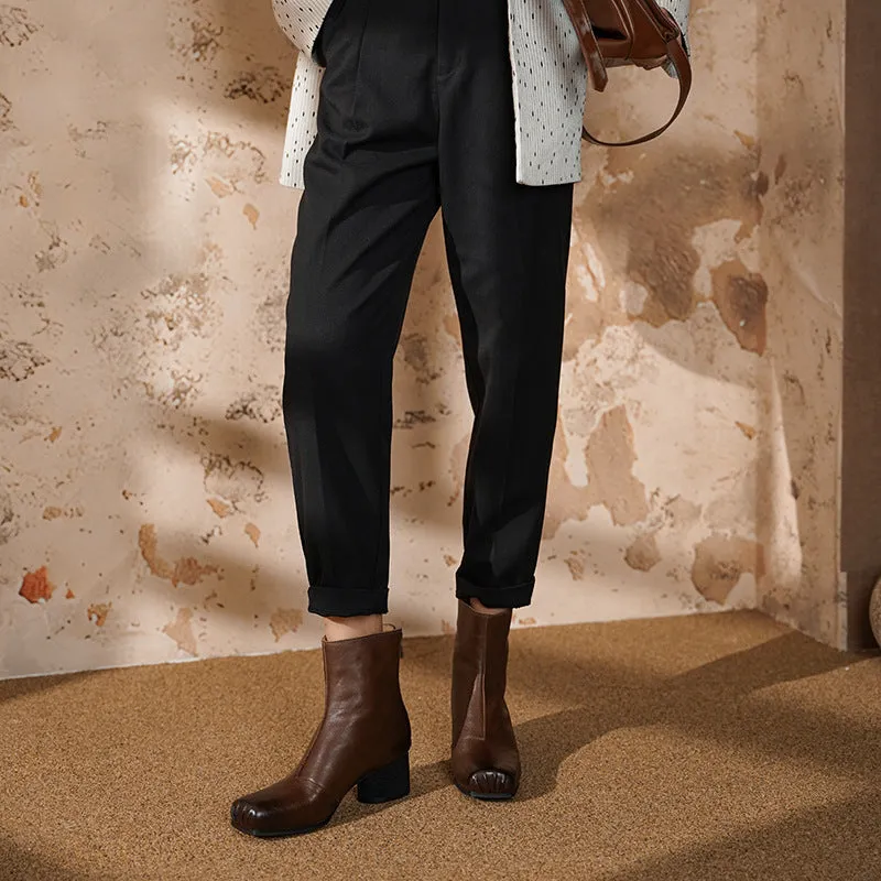 French-Style Square-Toe Chelsea Ankle Boots for Women with Chunky Heels