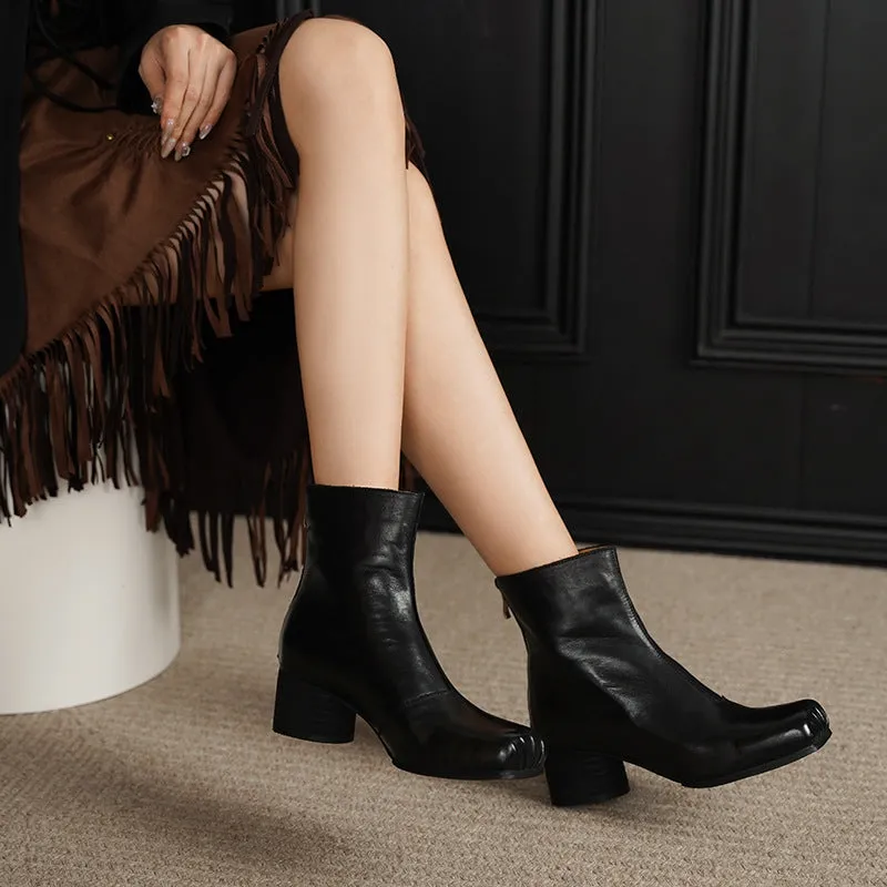 French-Style Square-Toe Chelsea Ankle Boots for Women with Chunky Heels