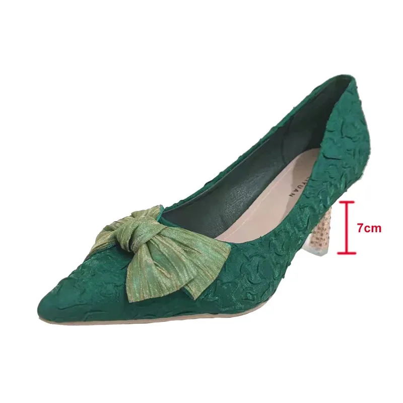 Hnzxzm Green Silk Bowtie High Heels Pumps for Women Sexy Pointed Toe Metal Stiletto Heels Wedding Party Shoes Woman Spring Bombas
