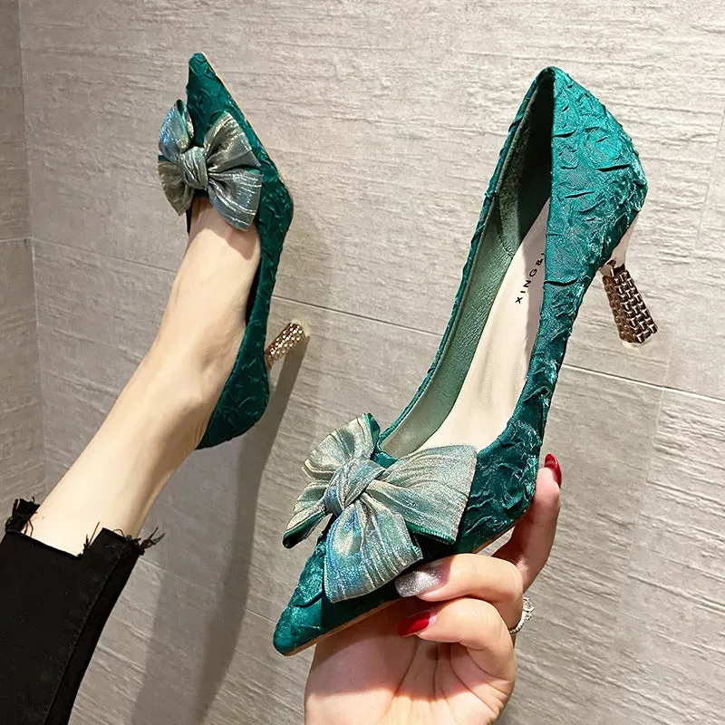Hnzxzm Green Silk Bowtie High Heels Pumps for Women Sexy Pointed Toe Metal Stiletto Heels Wedding Party Shoes Woman Spring Bombas