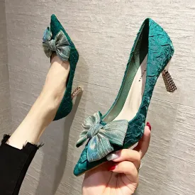Hnzxzm Green Silk Bowtie High Heels Pumps for Women Sexy Pointed Toe Metal Stiletto Heels Wedding Party Shoes Woman Spring Bombas