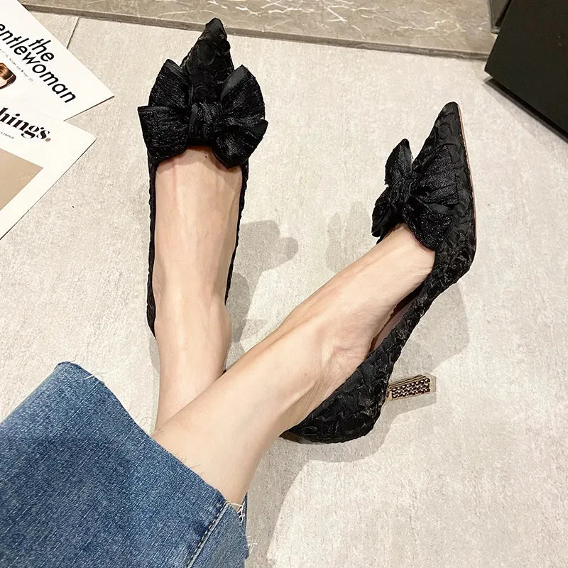 Hnzxzm Green Silk Bowtie High Heels Pumps for Women Sexy Pointed Toe Metal Stiletto Heels Wedding Party Shoes Woman Spring Bombas