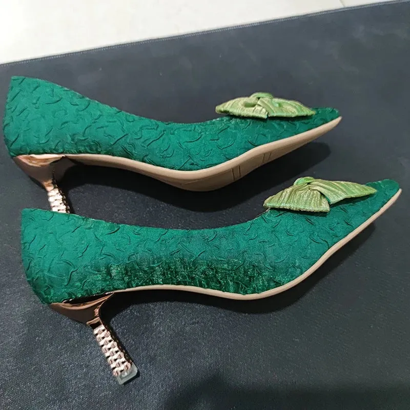 Hnzxzm Green Silk Bowtie High Heels Pumps for Women Sexy Pointed Toe Metal Stiletto Heels Wedding Party Shoes Woman Spring Bombas