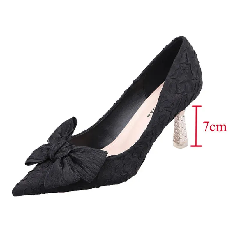 Hnzxzm Green Silk Bowtie High Heels Pumps for Women Sexy Pointed Toe Metal Stiletto Heels Wedding Party Shoes Woman Spring Bombas
