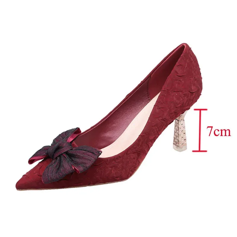 Hnzxzm Green Silk Bowtie High Heels Pumps for Women Sexy Pointed Toe Metal Stiletto Heels Wedding Party Shoes Woman Spring Bombas