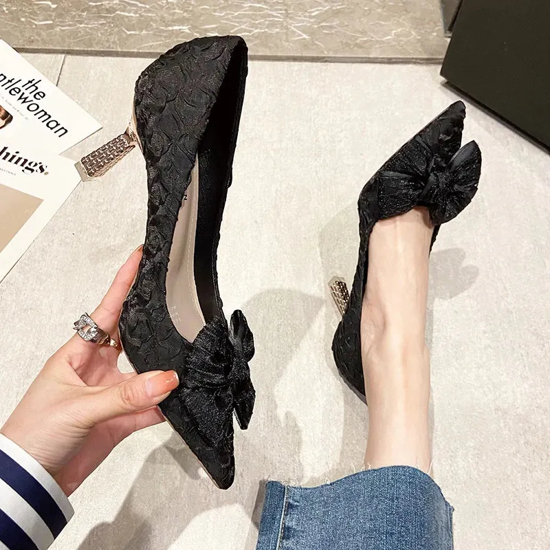 Hnzxzm Green Silk Bowtie High Heels Pumps for Women Sexy Pointed Toe Metal Stiletto Heels Wedding Party Shoes Woman Spring Bombas
