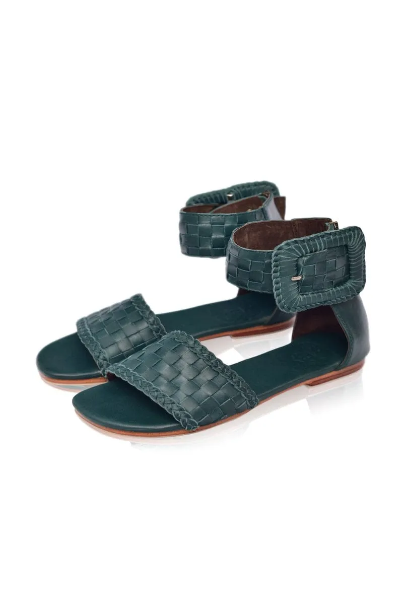 Madagascar Woven Leather Sandals in Emerald