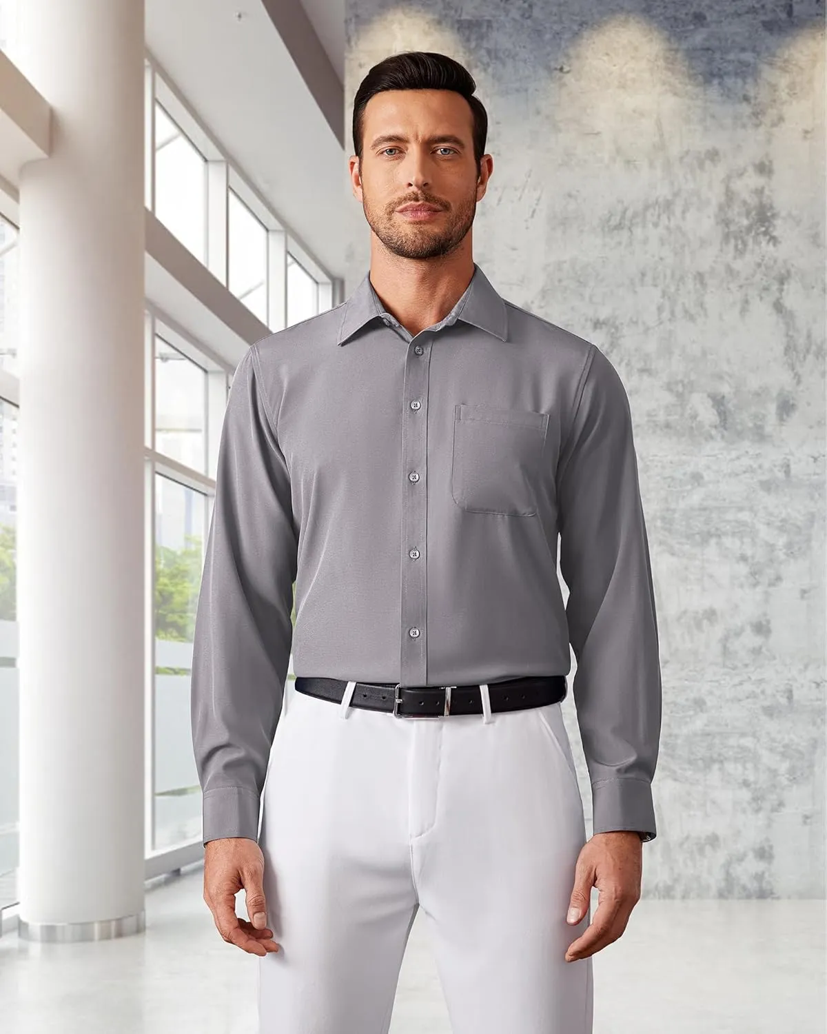 Men's Dress Shirts Long Sleeve Stretch Regular Fit Casual Formal Wedding Wrinkle Free Button Down Shirt with Pocket