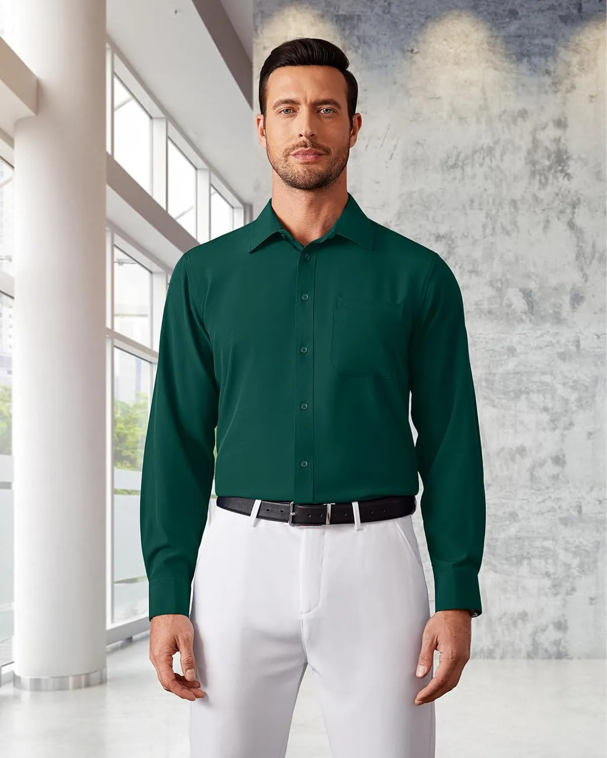 Men's Dress Shirts Long Sleeve Stretch Regular Fit Casual Formal Wedding Wrinkle Free Button Down Shirt with Pocket