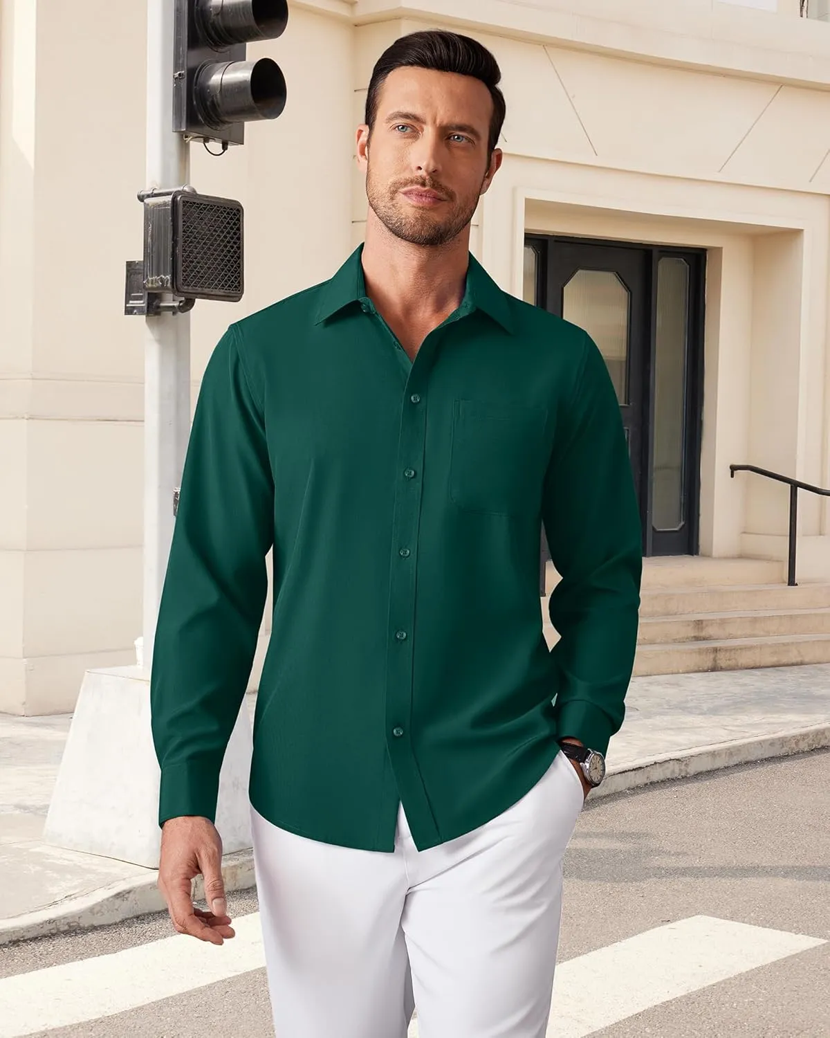 Men's Dress Shirts Long Sleeve Stretch Regular Fit Casual Formal Wedding Wrinkle Free Button Down Shirt with Pocket