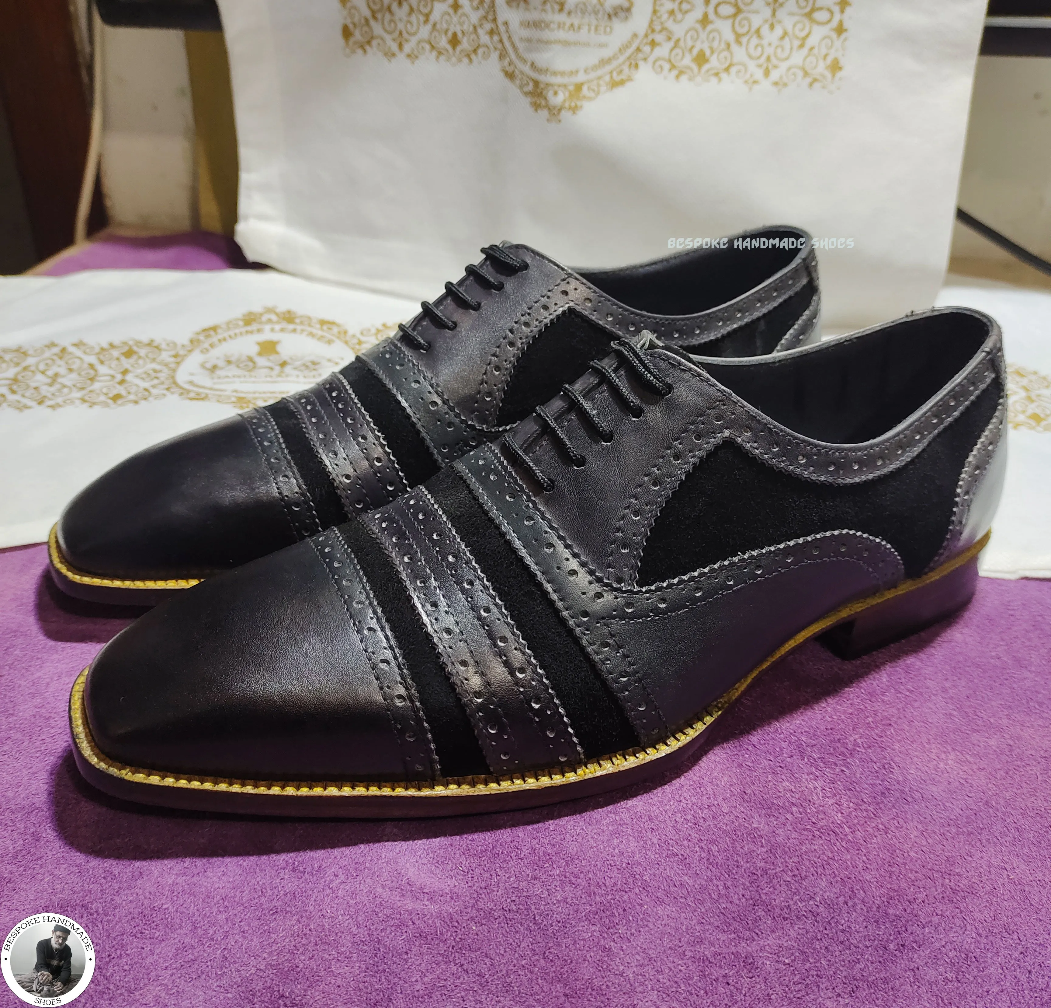 Men's Fashion Grey Leather Black Suede Oxford Lace up Cap Toe Dress Shoe