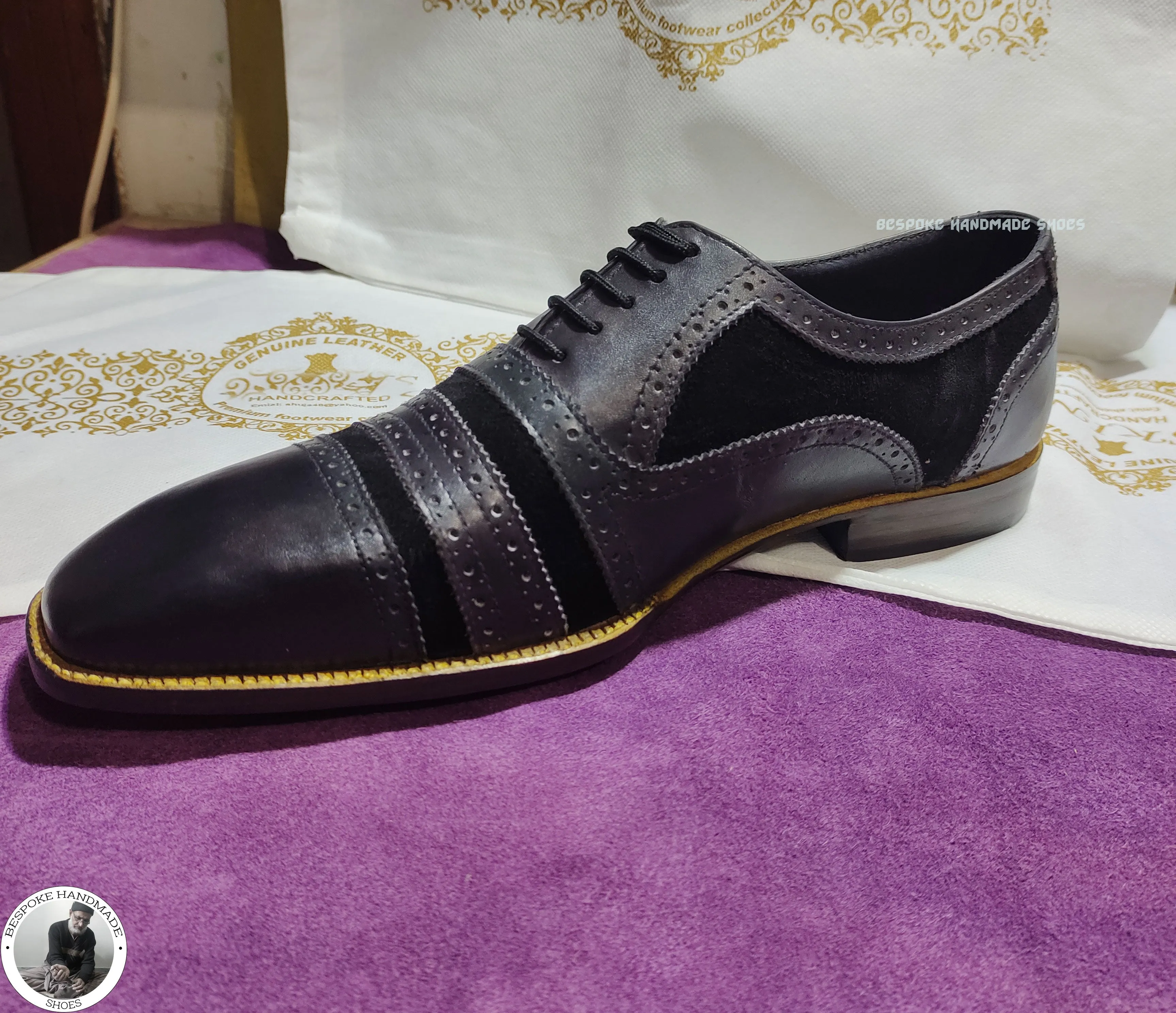Men's Fashion Grey Leather Black Suede Oxford Lace up Cap Toe Dress Shoe