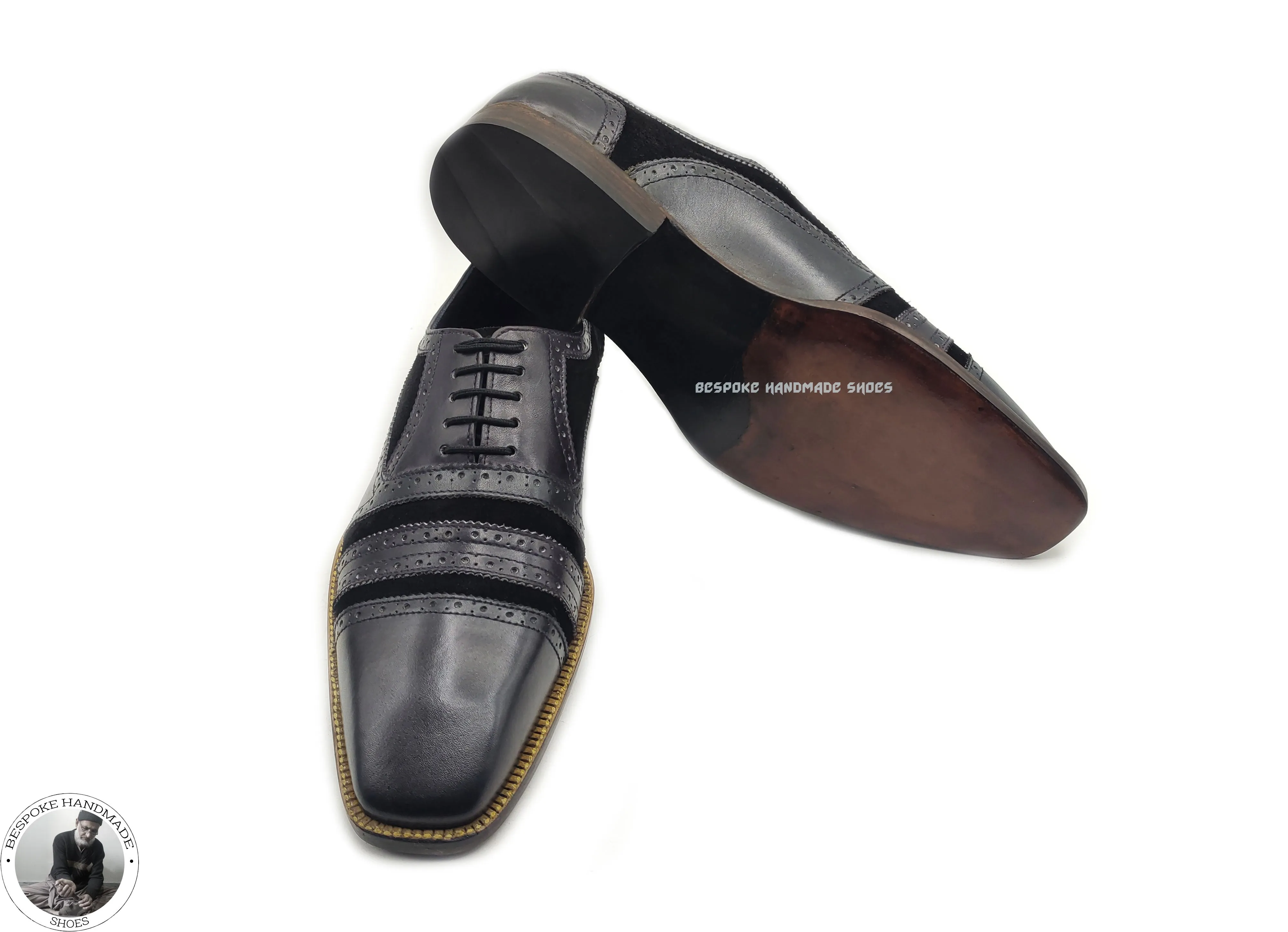 Men's Fashion Grey Leather Black Suede Oxford Lace up Cap Toe Dress Shoe
