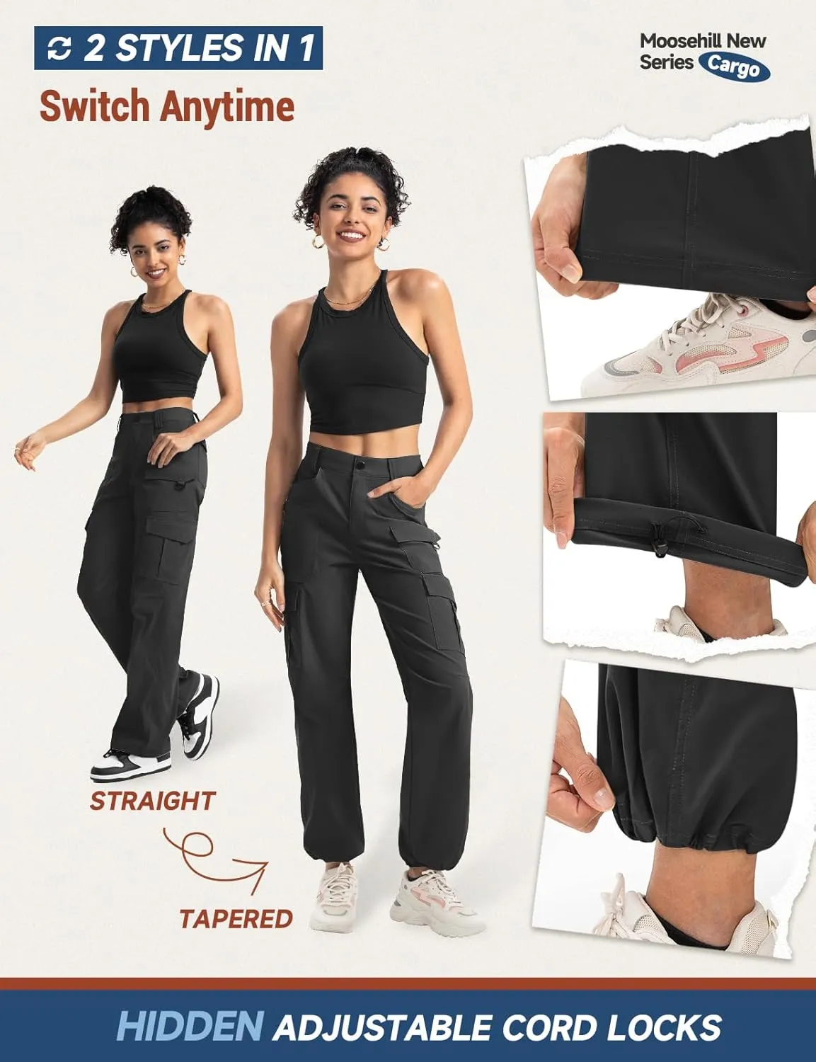 Moosehill Women's-Cargo-Hiking-Pants-High-Waisted Wide Leg Water Resistance Lightweight Stretch for Work Casual Outdoor