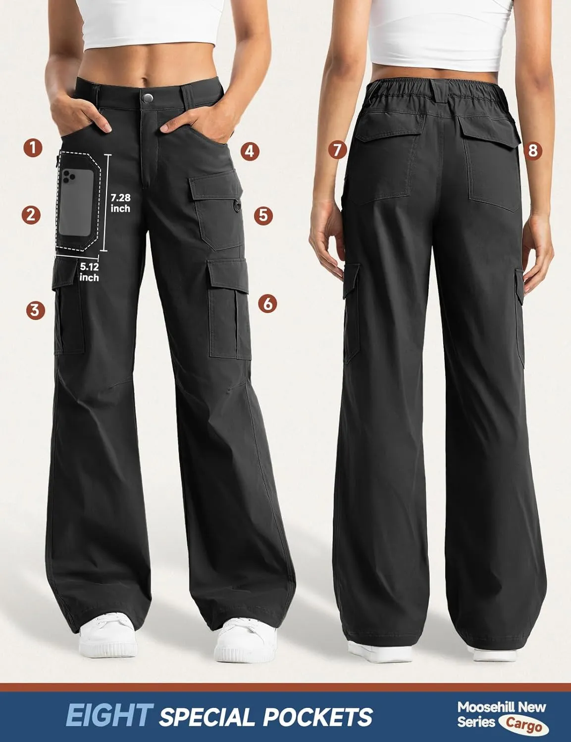Moosehill Women's-Cargo-Hiking-Pants-High-Waisted Wide Leg Water Resistance Lightweight Stretch for Work Casual Outdoor