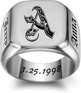 MOTICIUS Personalized Signet Rings for Men Women Engraved Ring Custom Initial Rings Mens Ring Customized Memorial Gifts for Father Husband Boyfriend Teacher