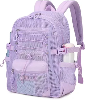 See Through Mesh Backpack for School, Ultra-Lightweight Net Bookbag with Elastic Rope & 3D Padded Straps, Breathable Backpacks for Beach, Swimming, Sports, Purple