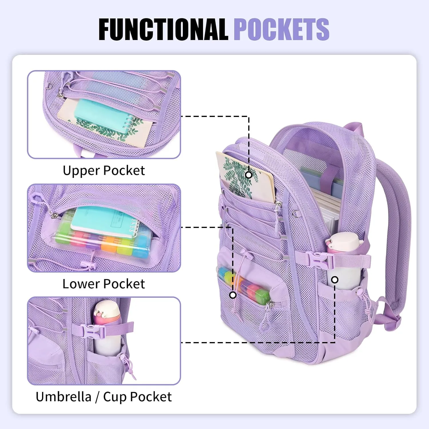 See Through Mesh Backpack for School, Ultra-Lightweight Net Bookbag with Elastic Rope & 3D Padded Straps, Breathable Backpacks for Beach, Swimming, Sports, Purple