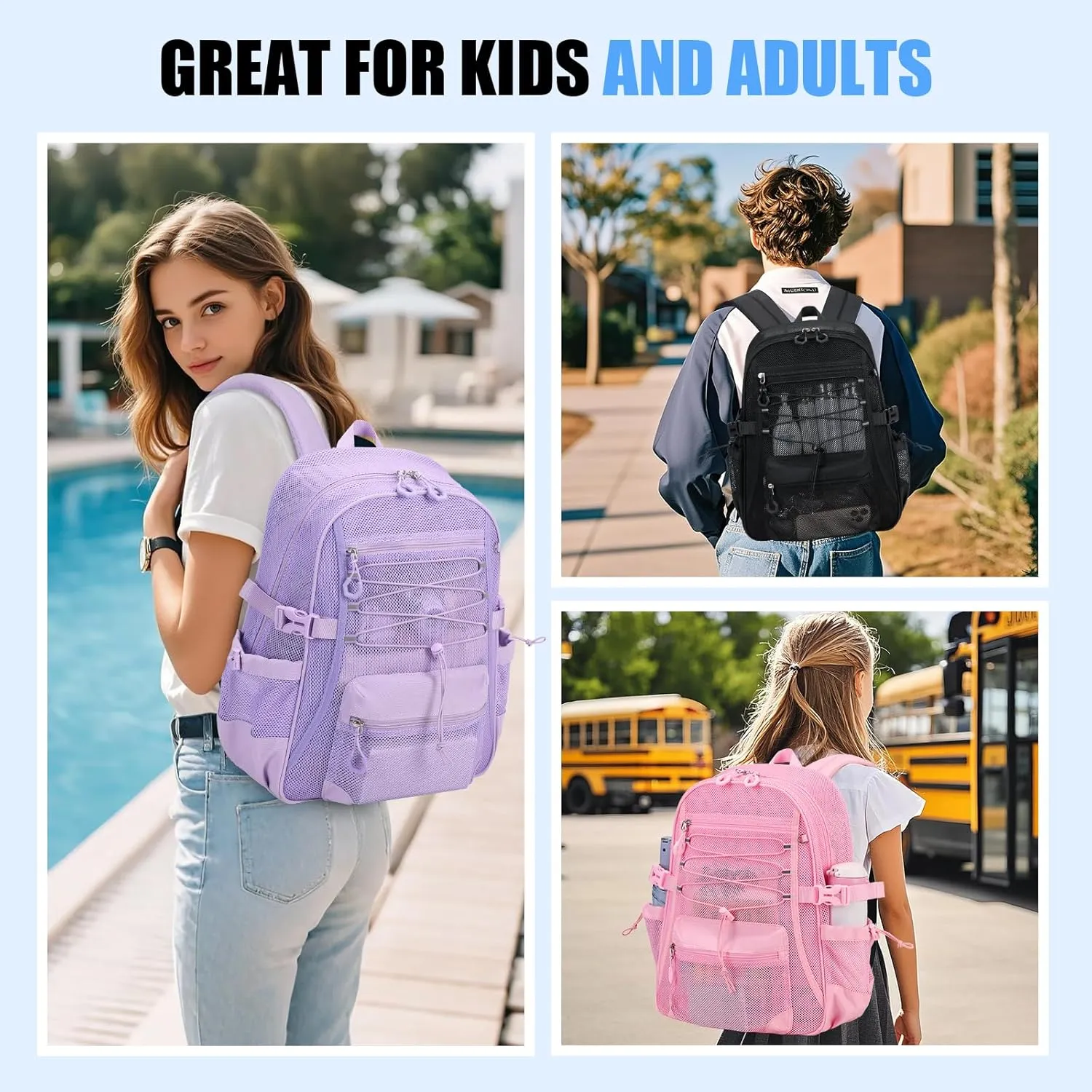 See Through Mesh Backpack for School, Ultra-Lightweight Net Bookbag with Elastic Rope & 3D Padded Straps, Breathable Backpacks for Beach, Swimming, Sports, Purple