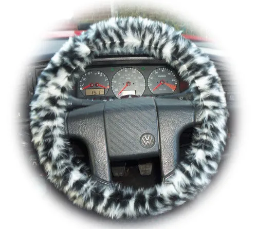 Snow leopard fuzzy faux fur car steering wheel cover