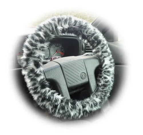 Snow leopard fuzzy faux fur car steering wheel cover