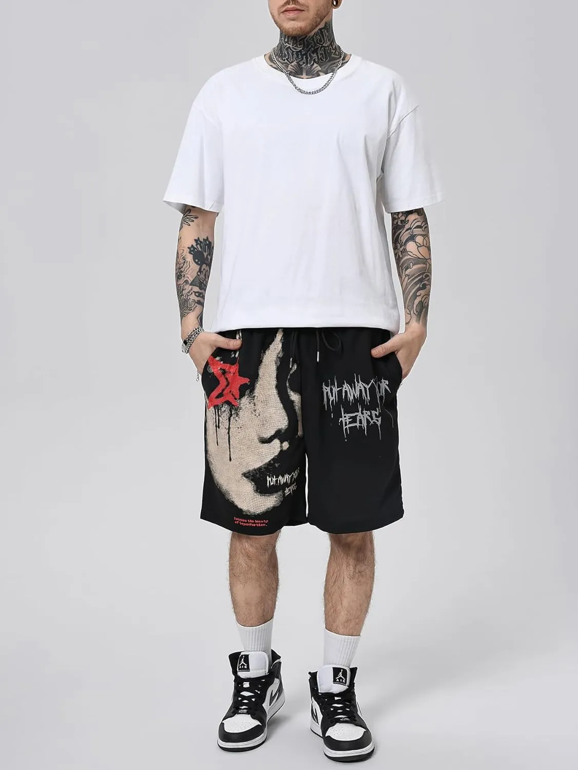 SOLY HUX Mens Graphic Shorts Casual Summer Drawstring Elastic Waist Shorts with Pockets Y2K Streetwear