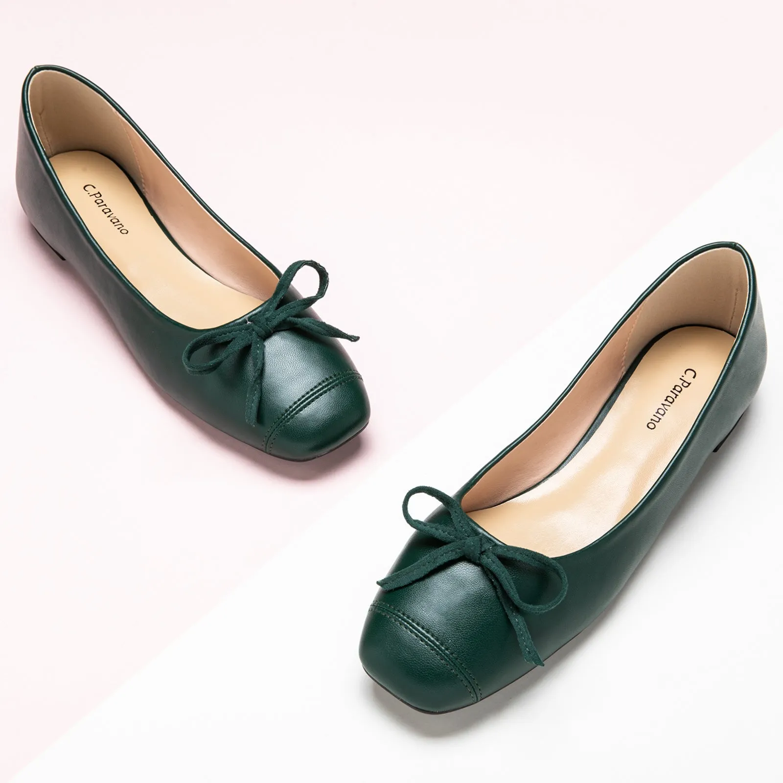 Stitching Toe Ballet Flats (Elena) Dark Green