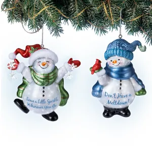 The Bradford Exchange "Sparkling Snow Friends" Illuminated Glass Ornament Set of 2 Snowman Christmas Decoration 4.25-inches