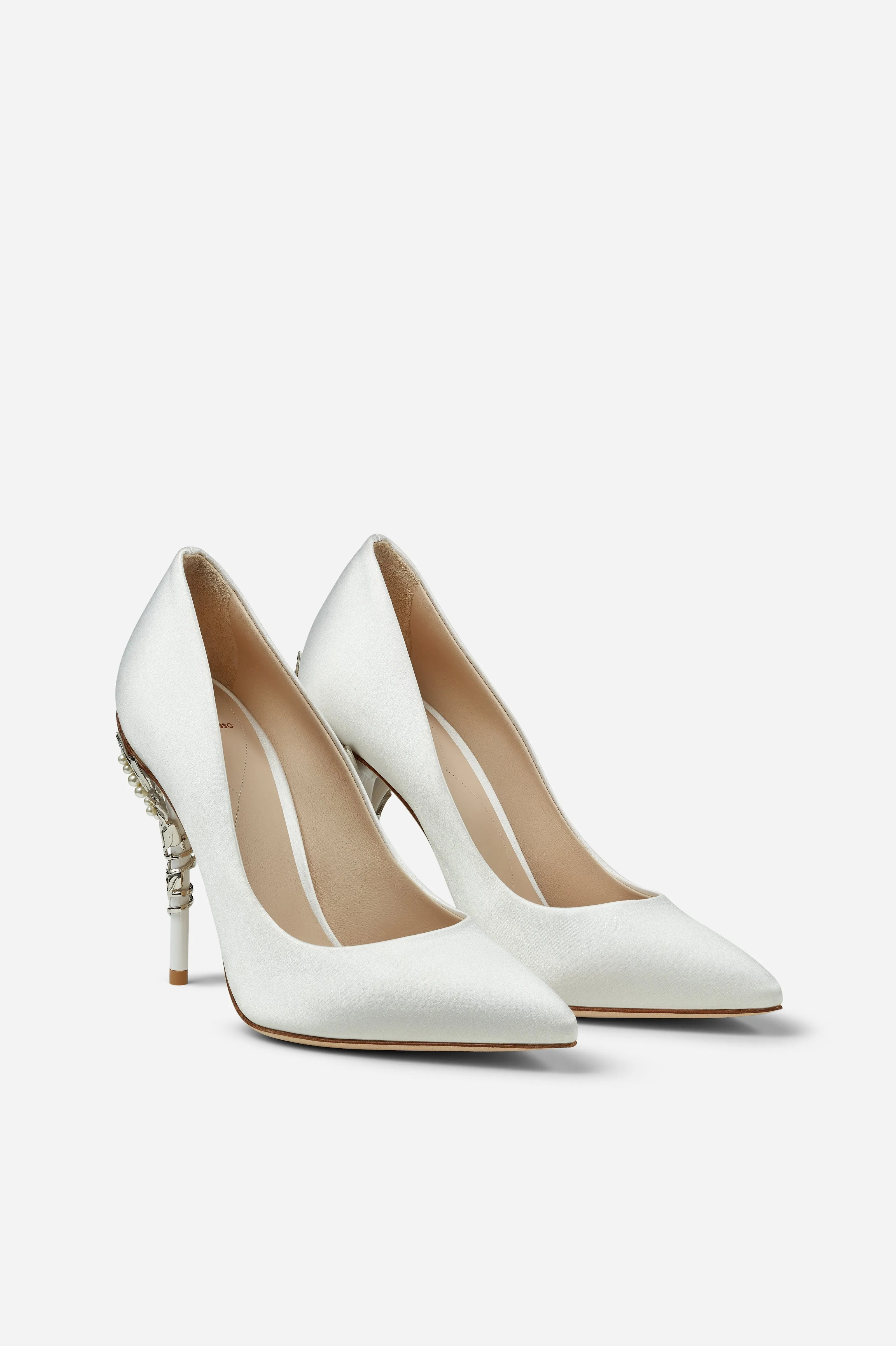 White Satin Eden Heels with Pearl and Silver Leaves