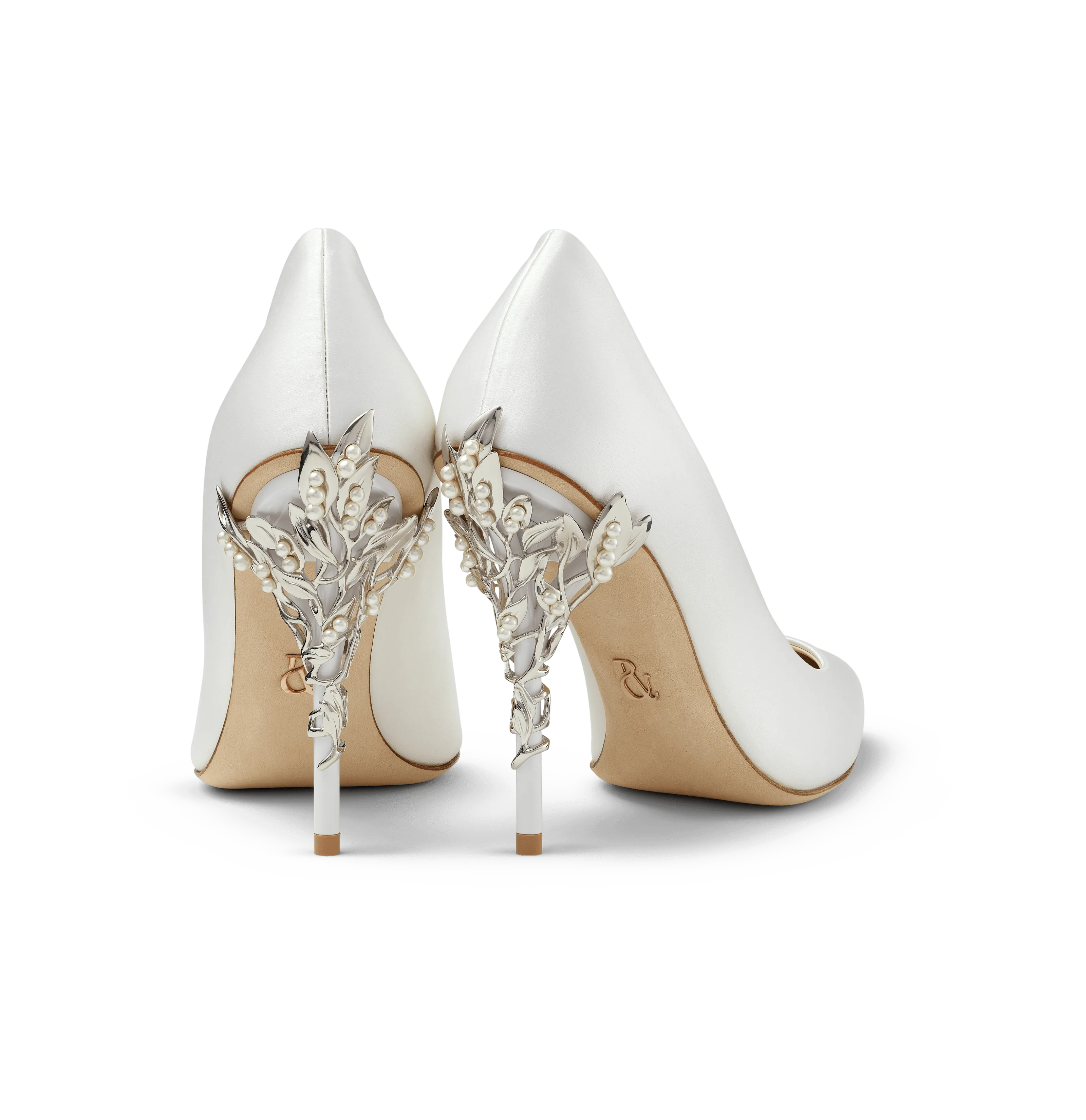 White Satin Eden Heels with Pearl and Silver Leaves
